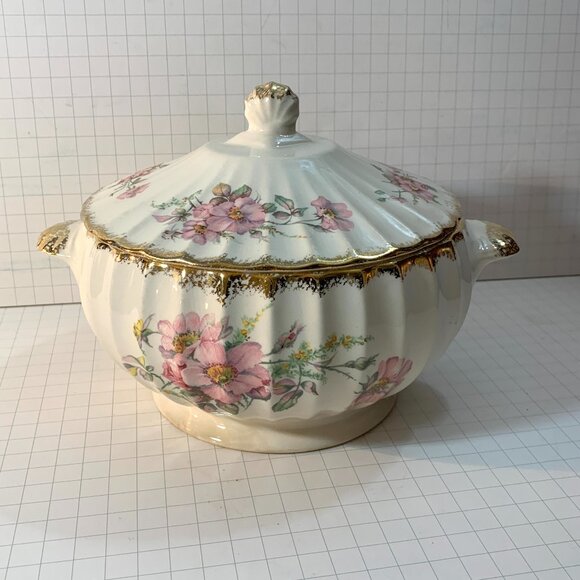 American Limoges Covered Dish Wild Rose 22K Gold Trim Vegetable Tureen 1930s VTG - Picture 1 of 11